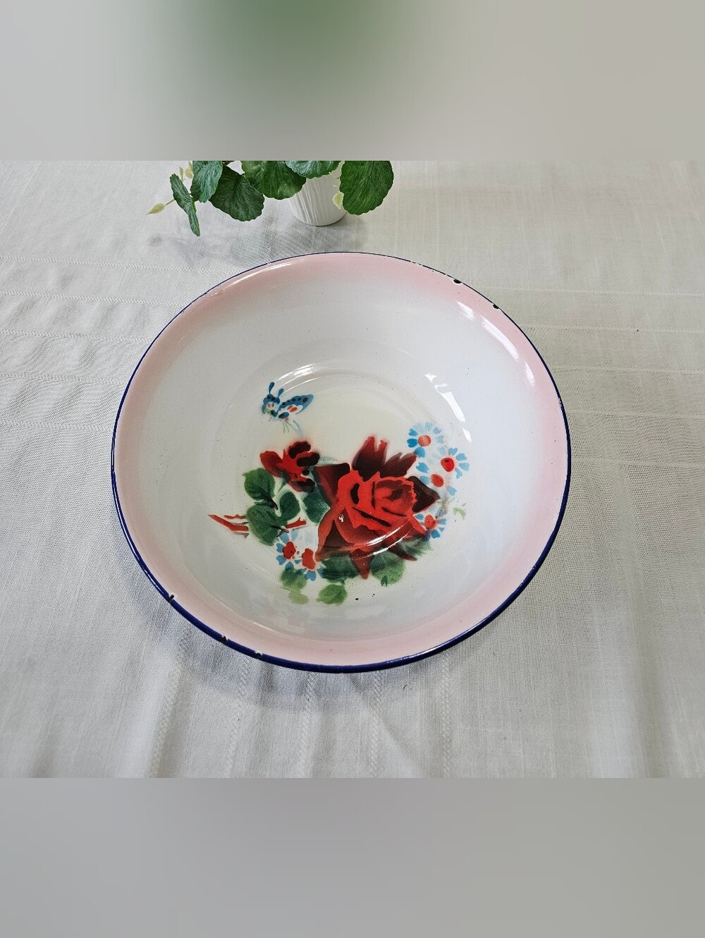 Vintage Bumper Harvest Enamelware Rose Butterfly Basin Bowl 12"